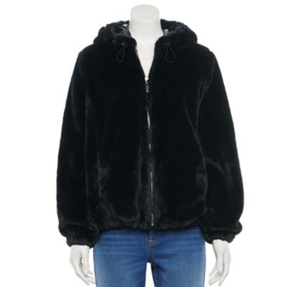 Jou Jou solid black plush faux fur oversized fit hooded coat - Picture 1 of 9